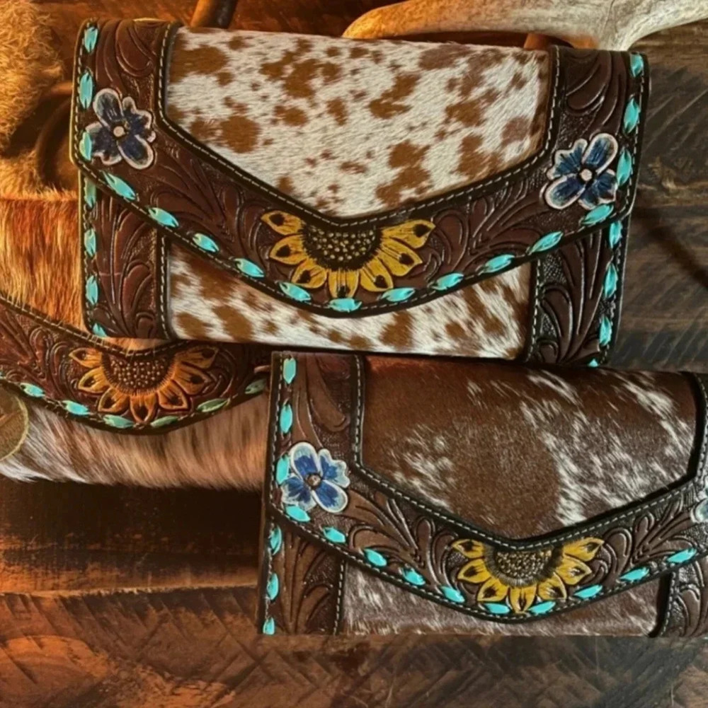 Myra Bag Cowhide Hand Tooled Leather Sunflower Turquoise Buckstitch Wallet Bag